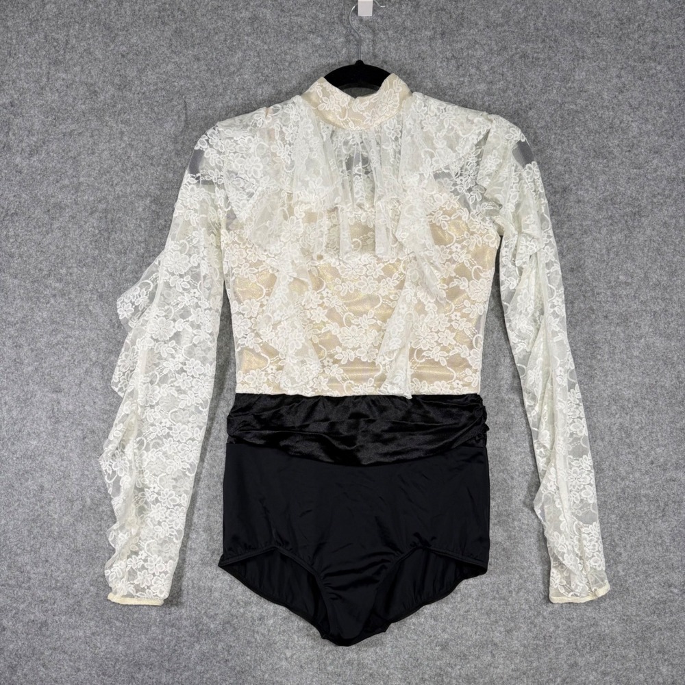Weissman Bodysuit Womens MA Ivory Black Lace Ruffle Open Back Dance SL10547